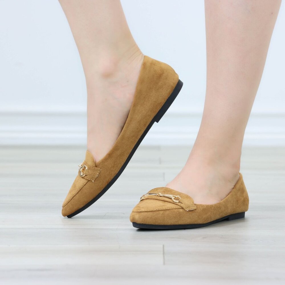 Tan Faux Suede Loafers Pointed Toe Gold Horsebit Slip-On Flats - Picture 7 of 13